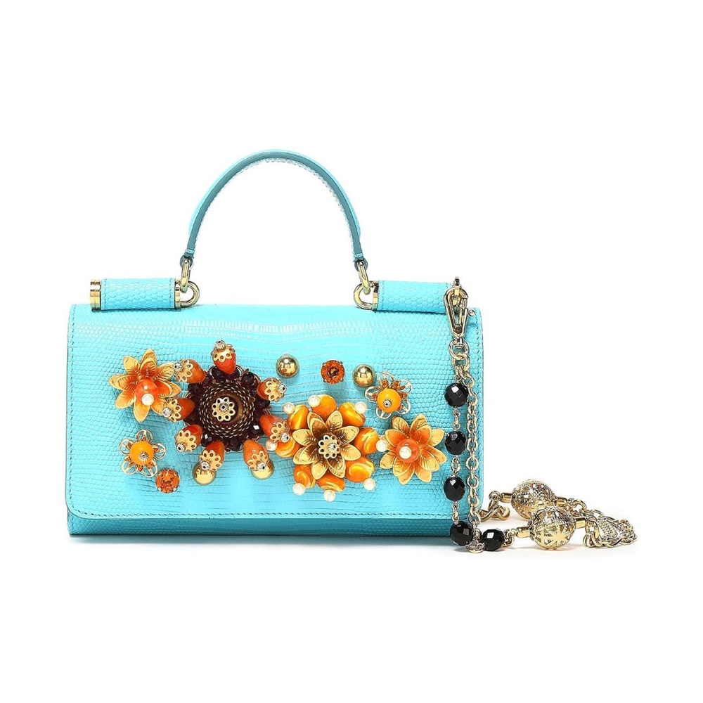 Dolce & Gabbana Turquoise Floral Embellished Top-Handle Clutch